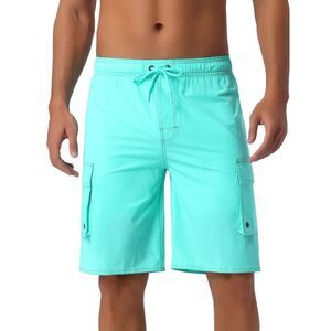 Drawstring Waist Solid Color Side Pockets Lining Summer Board Shorts Light Green